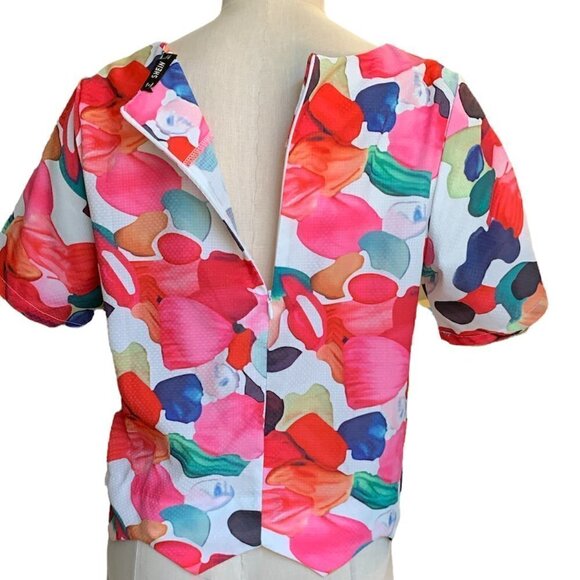 Shein Bright Floral Watercolors Crop Top Sz L Scalloped Hem 256F - Picture 5 of 8